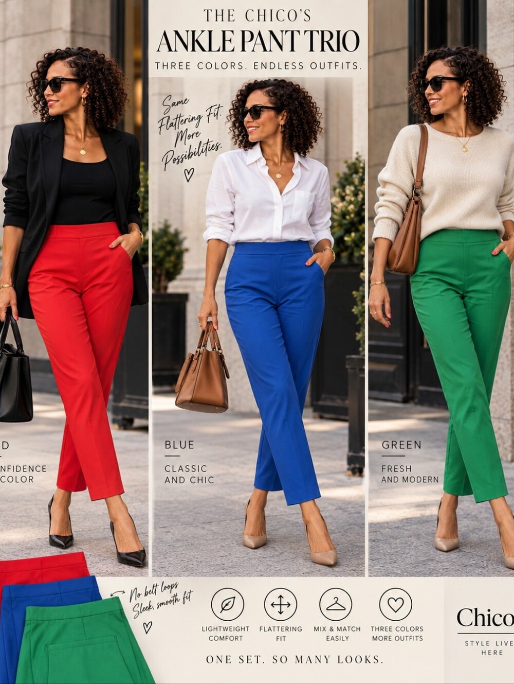 Chico's Ankle Pants Trio in Red, Blue & Green
